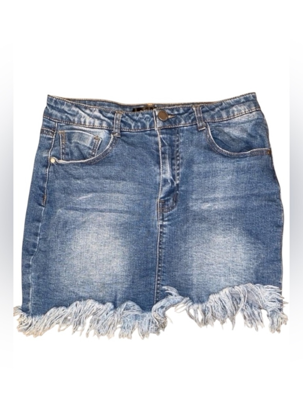 BLACK LABEL by C’EST TOI Jr. Denim Mini Skirt Frayed Hem Med Blue Wash Size LG